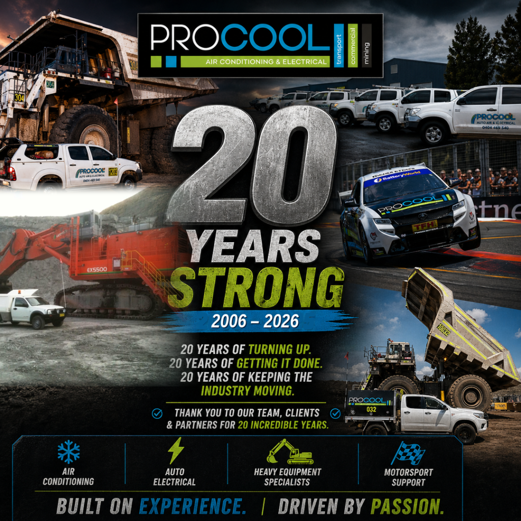 A promotional collage celebrating 20 years of Pro Cool with heavy mining machinery, service trucks, and a race car.