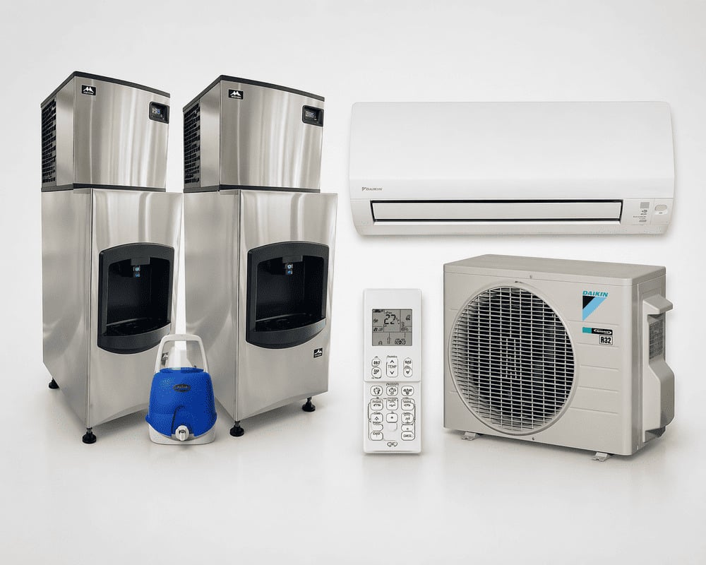 A product layout of cooling appliances, including two stainless steel ice dispensers, a Daikin split-system air conditioner with remote, and an outdoor unit.
