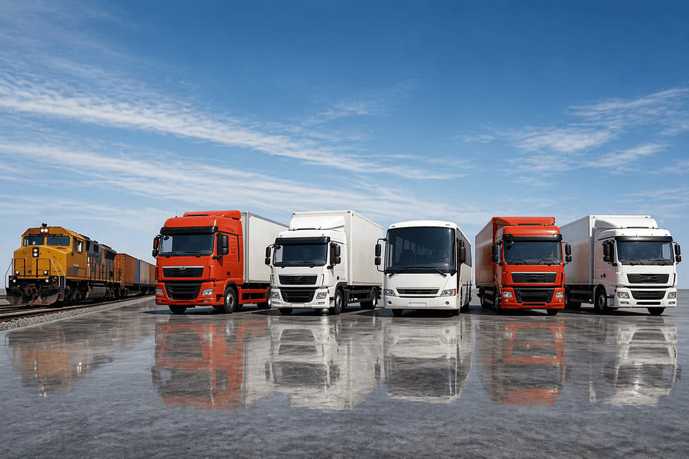 A lineup of commercial transport vehicles including freight trucks, a bus, and a yellow cargo train under a clear blue sky.