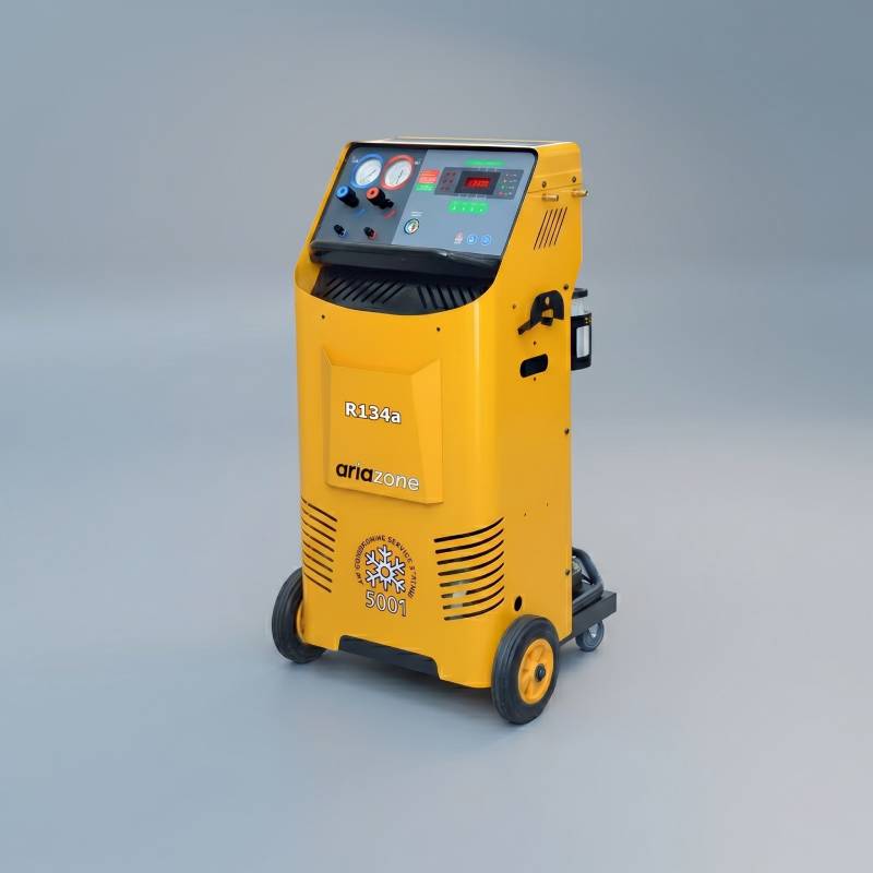 A yellow Ariazone 5001 refrigerant recovery and recharge machine against a plain grey background.