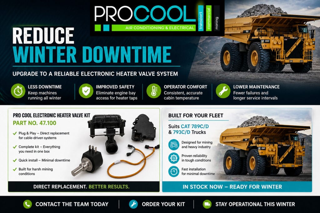 A promotional graphic for Pro Cool Electronic Heater Valve Kits featuring CAT haul trucks and product components.