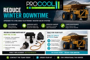 A promotional graphic for Pro Cool Electronic Heater Valve Kits featuring CAT haul trucks and product components.